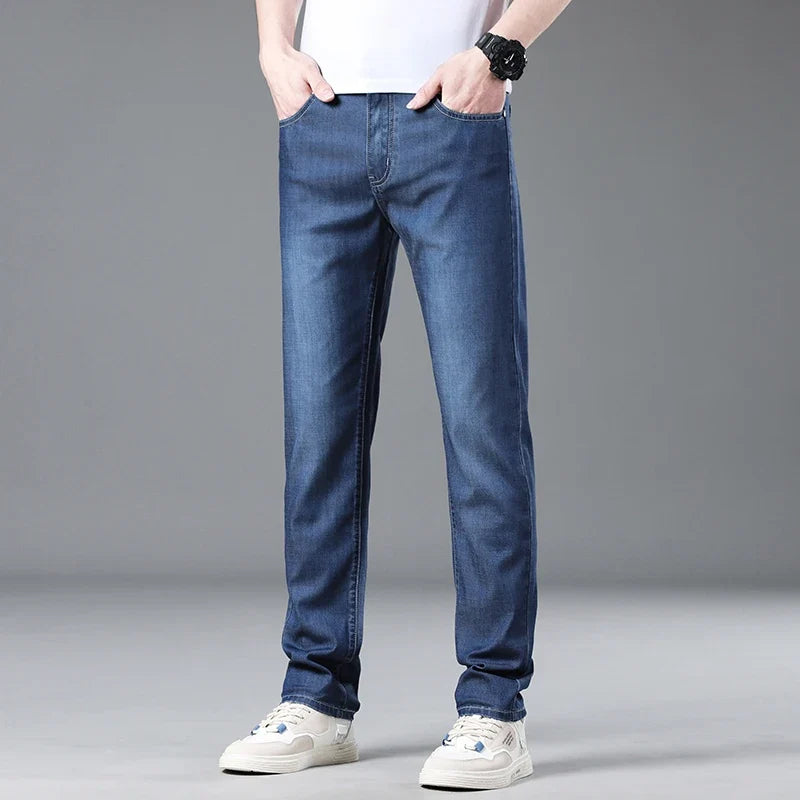 Soft Slim Men's Jeans Summer Thin Straight Business Casual Trousers Fashion Korean Comfortable Cool Brand Man Pants