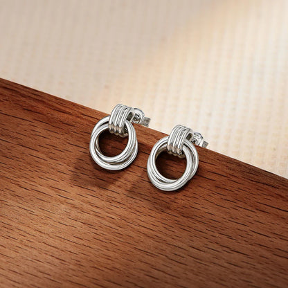 Vintage Double Hoop Design S925 Silver Earrings 18KGold Plated Steel Texture Geometric Stud Earring Women for Party