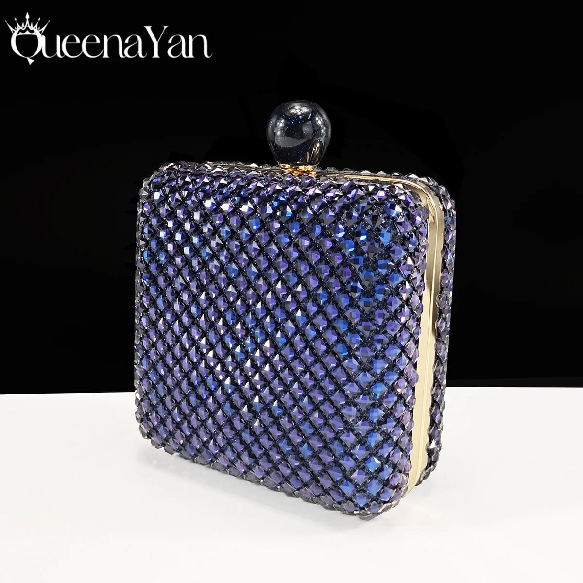 Queena Yan 2025 Italian Design Rhinestone Luxury Navy Blue Pointed Toe Shoe & Bag Set Women High Heels for Parties High Quality