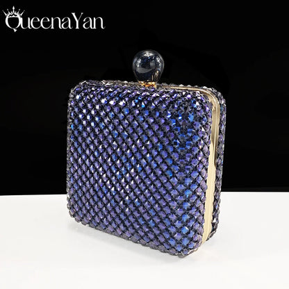 Queena Yan 2025 Italian Design Rhinestone Luxury Navy Blue Pointed Toe Shoe & Bag Set Women High Heels for Parties High Quality