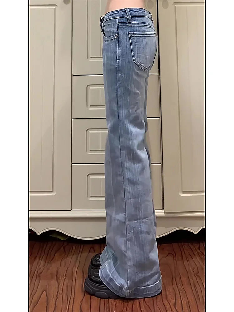 2025 Autumn Winter Women Vintage 2000s Low Rise Flare Denim Pants Y2k Japanese Streetwear Bootcut Jeans Baggy Bell Bottom New In