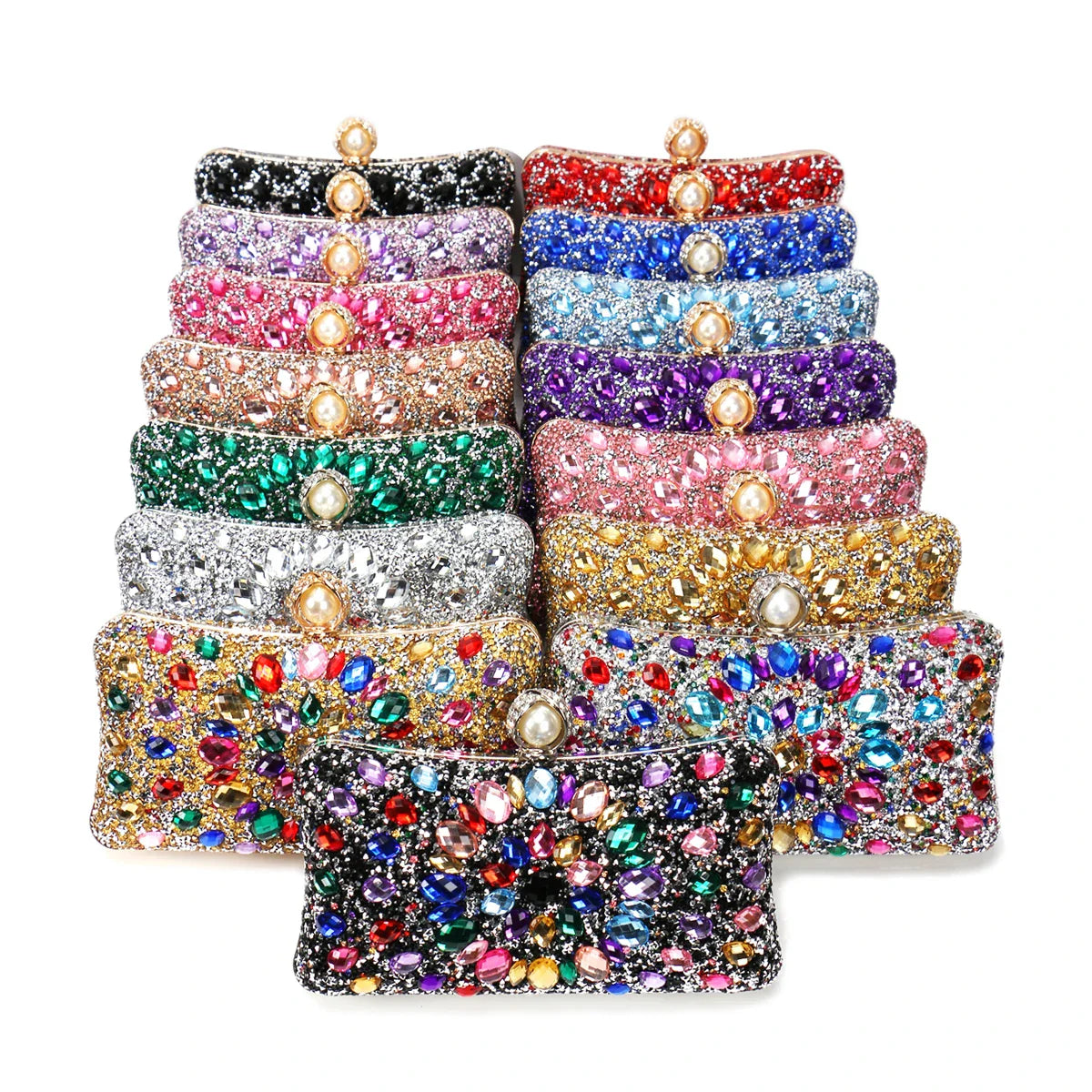 Golden Metal Pearl Rhinestones Glitter Evening Bags Small Lady Prom Dinner Luxury Night Gift Girlfriend Purse Acrylic Diamonds E