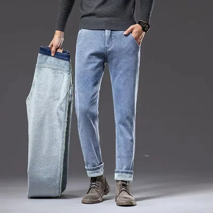Winter Fleece Thick Warm Jeans Classic Brand Business Casual Men's Fitted Straight Stretch Mid-high Waist Denim Jeans