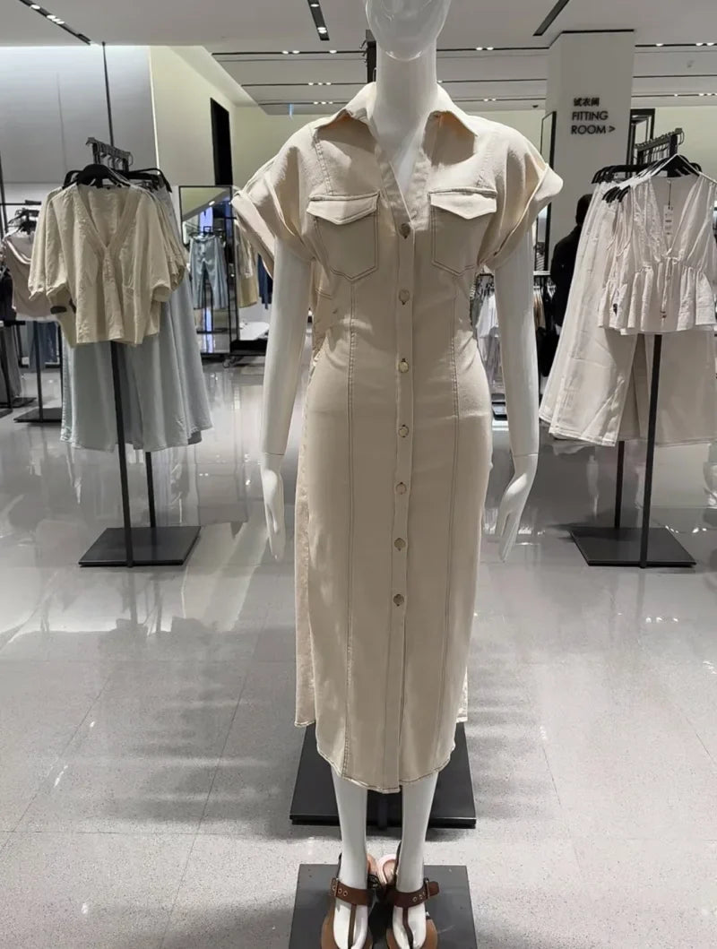 2025  Spring New 1975 series denim MIDI dress with lapel side zipper fashion wrinkle waist slim elegant dress