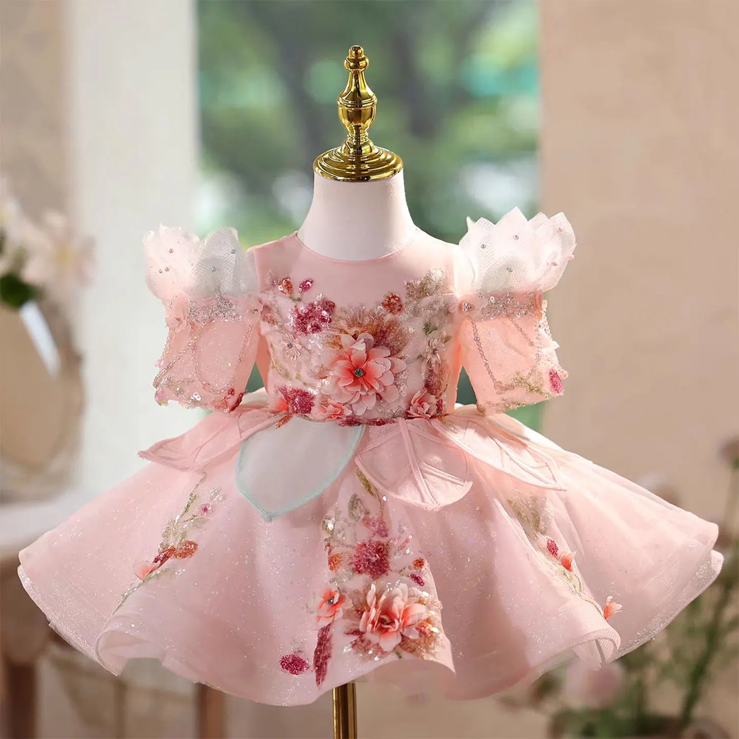 J566 Lovely Pink Flower Girl Dresses with Appliques Knee Length Lace Kids Wedding Birthday Party Pageant Ball Gown