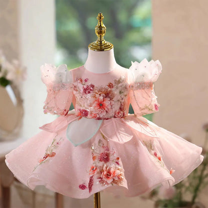 J566 Lovely Pink Flower Girl Dresses with Appliques Knee Length Lace Kids Wedding Birthday Party Pageant Ball Gown