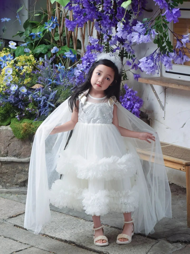Sweet Baby Girls 2026 Summer New High-end Tulle Sequin Formal Princess Gown Kids Performance White Tulle Birthday Party Dress