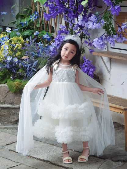 Sweet Baby Girls 2026 Summer New High-end Tulle Sequin Formal Princess Gown Kids Performance White Tulle Birthday Party Dress