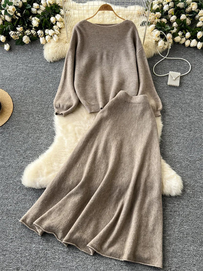 Autumn Casual Two Pieces Sets Women O-Neck Loose Knitting Top+Elastic Waist Large Swing Skirt Basic Korean Winter Sets