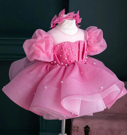 Customized Pink Flower Girl Dresses For Wedding Short Sleeves With Bow Pearls Kids Birthday Party First Communion Pageant Gown