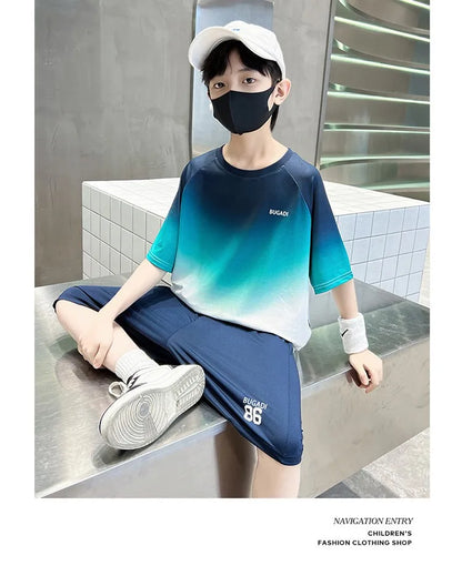 Summer Boys Gradient Quick-dry T-Shirt Top+Shorts Pant Sportswear Set School Kids 2PCS Tracksuit Children Jersey Outfit 5-16 Yr