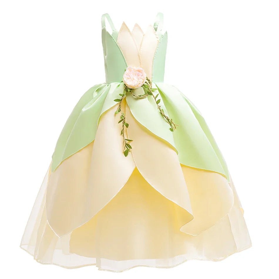Tiana Fancy Girls Princess Costume Kid Carnival Dress Cosplay Floral LED Light Up Clothing Halloween Girls Christmas Party 2-11T