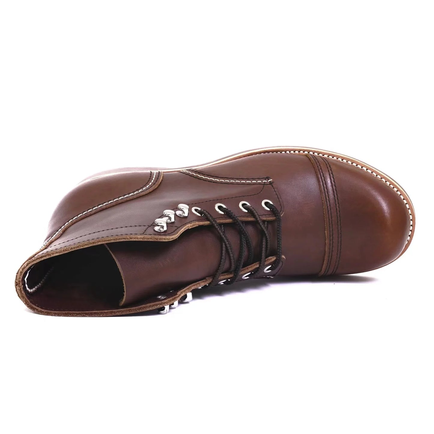 Durable Goodyear-Welted Motorcycle Rugged Heritage Boots Vintage Oil Genuine Leather 8111 Red Punk For Men Cowhide Mid-Cut Shoes