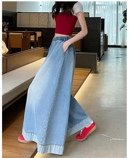 Casual High Waist Wide Leg Jeans Women's Loose Fit Summer Faion plus Size American Sle Cuffed Casual Denim Skirt Pants