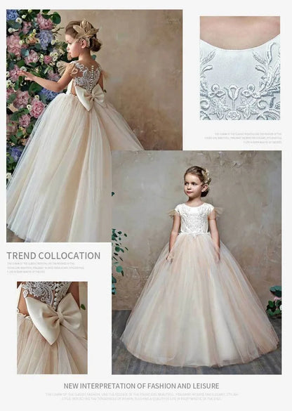 Cute Flower Girl Dresses for Wedding Big Bow Appliques Long Little Pageant Gowns Girls White Tulle First Communion Gowns