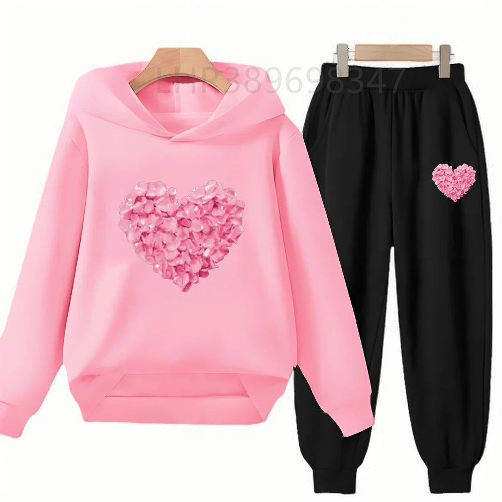 Heart-Shaped Children's Hoodies Suit Top+Bottom Girls Pink Boy Black Age 3-12 Coat Casual Toddler Long Sleeves Autumn Clothing