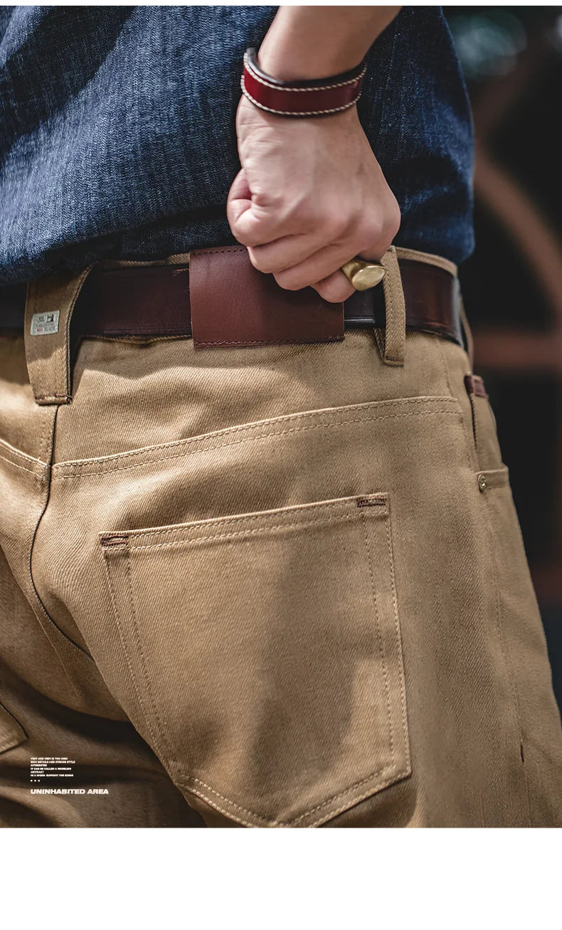 Men Khaki Raw Jeans 11.7OZ Redline Selvedge Denim Jeans Amekaji Straight Pants Male Casual Trousers Hombre Solid Pants