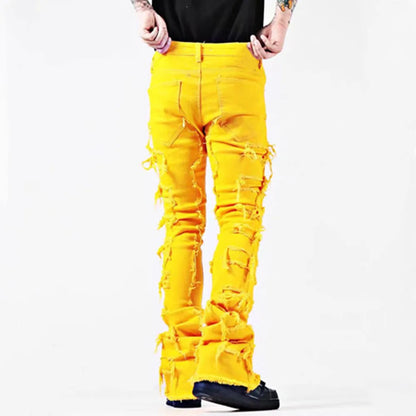 New European and American Heavyweight Streetwise Stretch Patch Jeans for Men, High Street Straight Fit Long Jeans16-3001