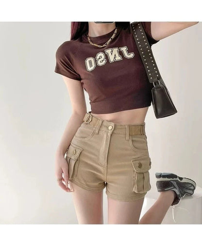 Women Military Green Denim Cargo Shorts Summer High Waisted Loose Wide Leg Y2K Hot Girl Casual Short Pants with Pockets