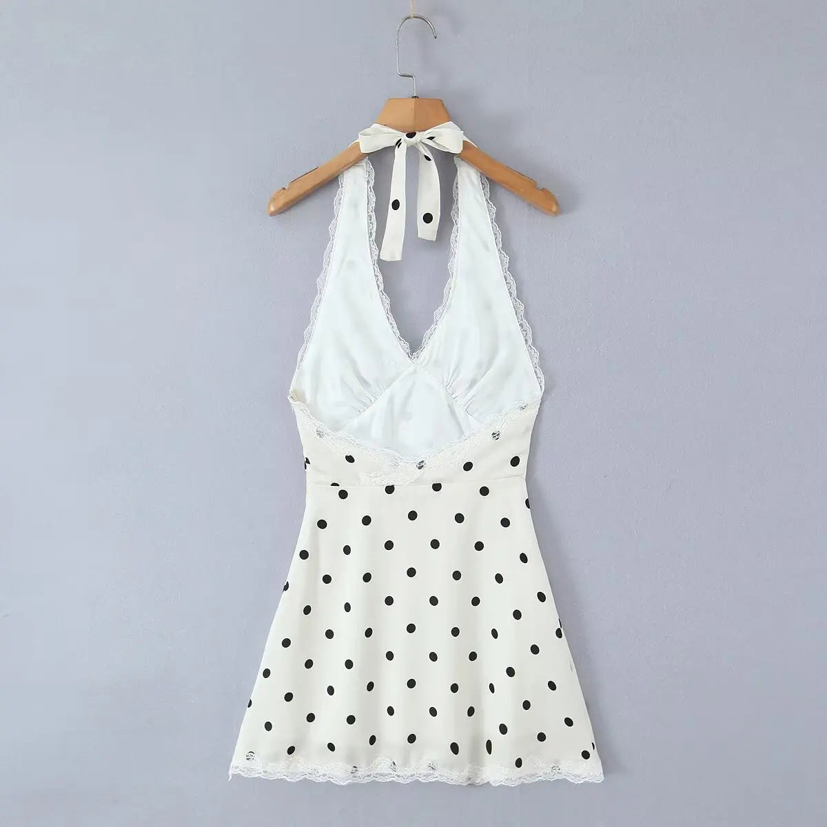 Lace Spliced Polka Dot Halter Dress Women Elegant A-line Mini Sexy Backless Dresses Summer Robe 2025