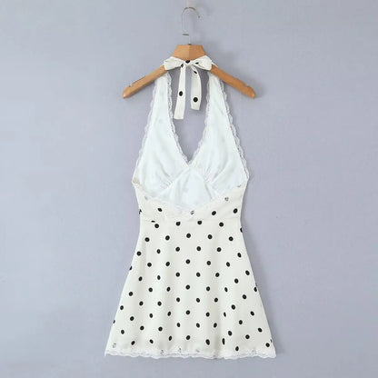 Lace Spliced Polka Dot Halter Dress Women Elegant A-line Mini Sexy Backless Dresses Summer Robe 2025