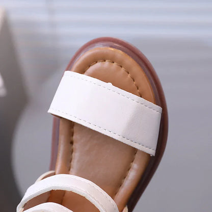 Little Girl's Sandals Gladiator Style Black White Children Sliders Flat Pu Leather Fashion Hook-loop Kids Summer Shoes 21-30