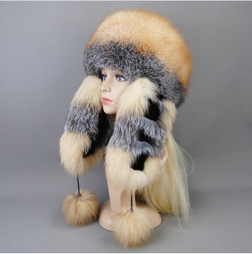 Hot Sale Lady Winter Warm Luxury 100% Natural Fox Fur Hat Fashion Fluffy Fox Fur Rex Rabbit Fur Caps Women Real Fur Bomber Hats