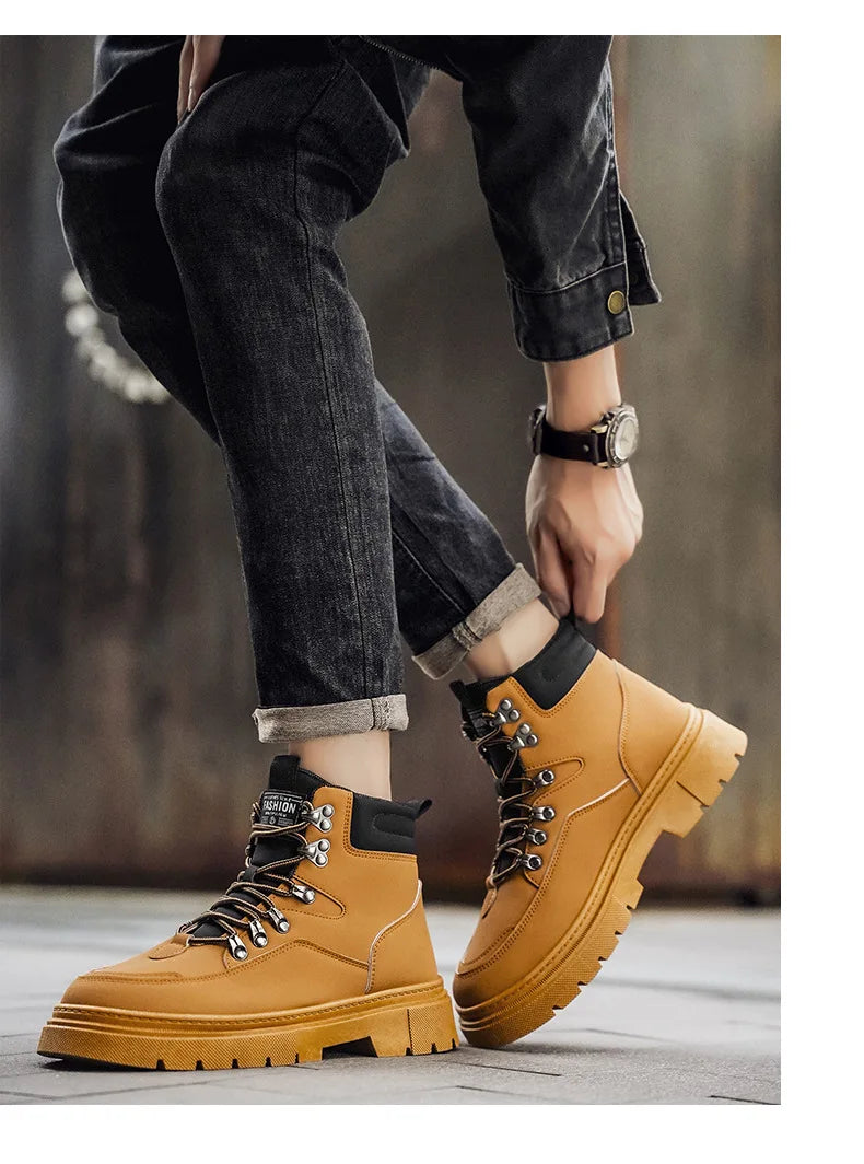 New Men's Leather Boots Brand Retro Comfortable Boots for Men 2026 Fashion High Top Non Slip Casual Shoes Business Work Shoes
