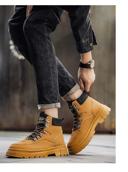 New Men's Leather Boots Brand Retro Comfortable Boots for Men 2026 Fashion High Top Non Slip Casual Shoes Business Work Shoes