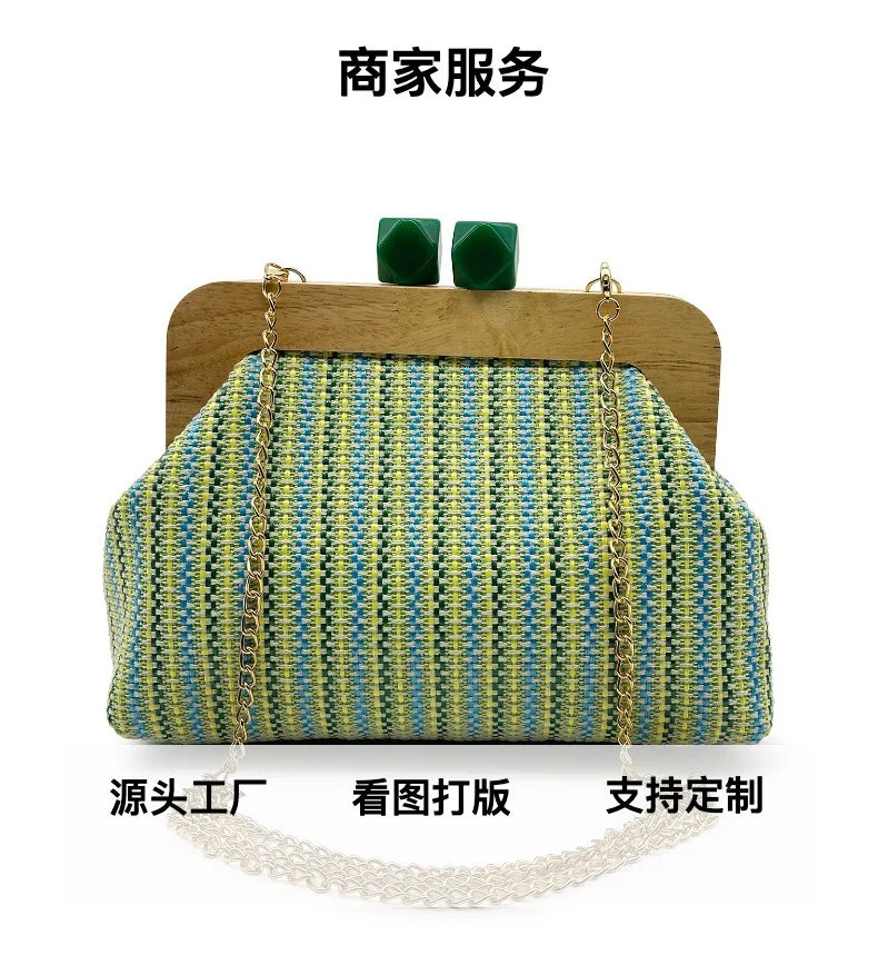 Colorful Striped PP Straw Clucth Bag for Women Wooden Clip Shell Shoulder Crossbody Bags Casual Weave Summer Beach Bag 2026