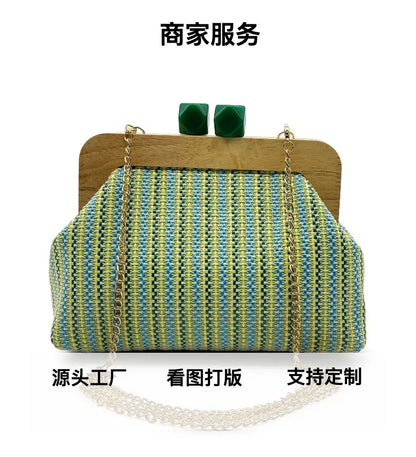 Colorful Striped PP Straw Clucth Bag for Women Wooden Clip Shell Shoulder Crossbody Bags Casual Weave Summer Beach Bag 2026