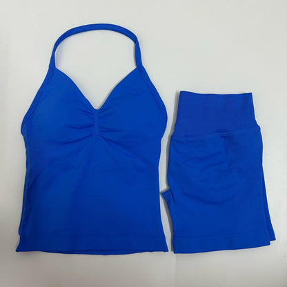 Women Yoga Set Seamless Yoga Longline Strappy Tank Top Scrunch Sports Shorts Gym Clothes Woman Summer Workout Outfit