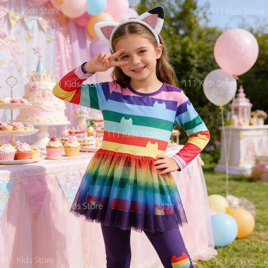 Girls Rainbow Striped Halloween Costume Cat Cosplay 2Pcs Sets For Children Summer Clothing Birthday Gifts Suit