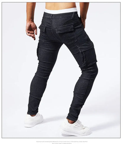 Slim Fit Large Pocket Jeans Cargo Pants for Men Fashionable Casual Hip Hop Stretch Denim Long Pants Male Streetwear Track Pants