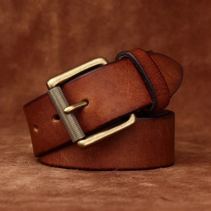 3.8CM Genuine Leather Belt Men Luxury Strap Male Fashion Pure Cowhide Copper Buckle Wild Classic Retro Pin Buckle High Quality