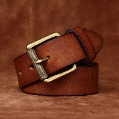 3.8CM Genuine Leather Belt Men Luxury Strap Male Fashion Pure Cowhide Copper Buckle Wild Classic Retro Pin Buckle High Quality