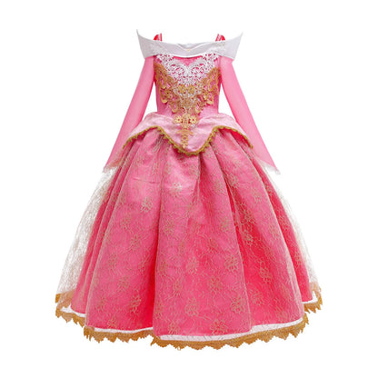 2026 Disney Sleeping Beauty Aurora Princess Dress Girl Cosplay Off Shoulder Kids Gifts Fancy Party Girl Baby Fine Lace Dress Set