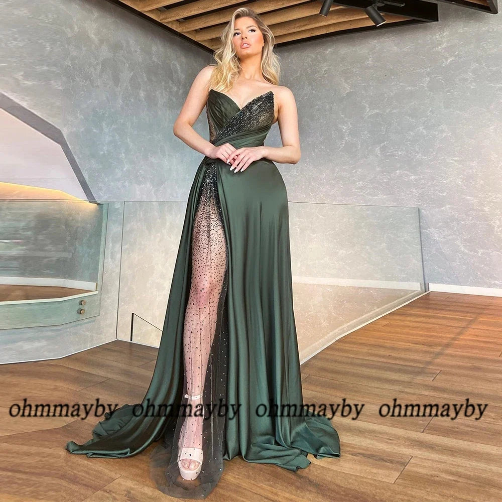 Corset Spaghetti Strap Black Pleat High Slit Asymmetrical Prom Gowns Custom Beading Sequined Women Dress Vestidos De Fiesta New