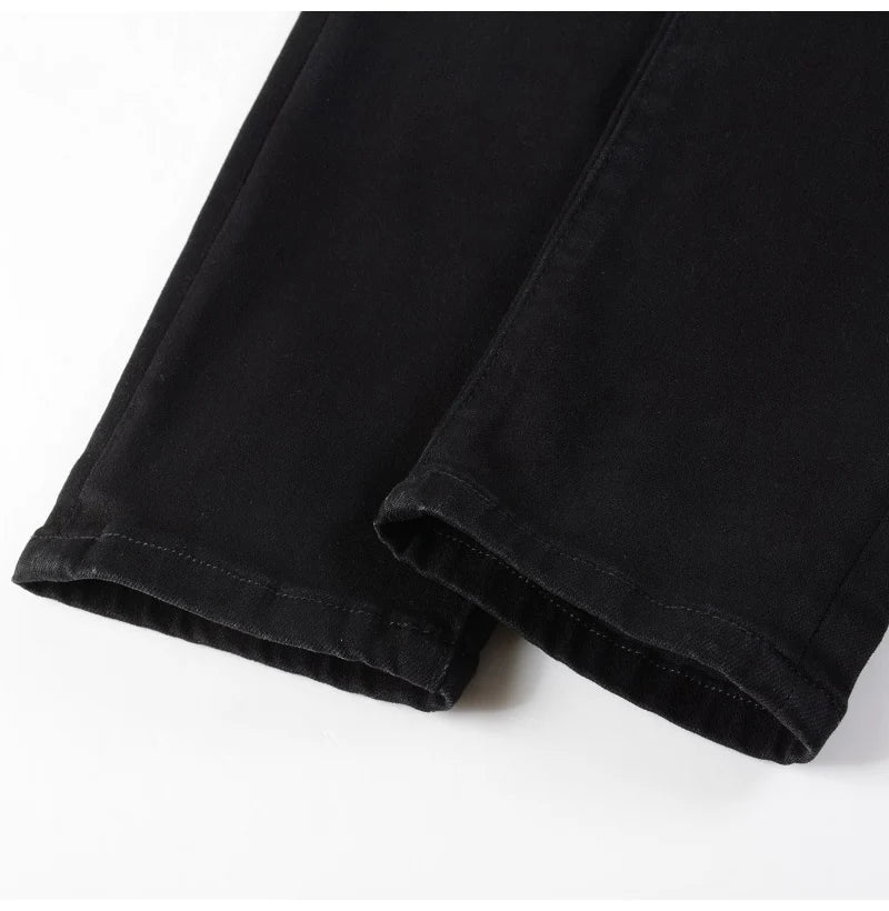 Men Cracked Silver Leather Patch Biker Jeans Streetwear Skinny Tapered Stretch Denim Pants Holes Ripped Patchwork Black Trousers