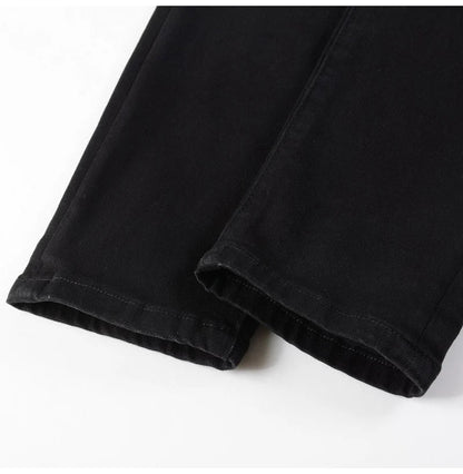 Men Cracked Silver Leather Patch Biker Jeans Streetwear Skinny Tapered Stretch Denim Pants Holes Ripped Patchwork Black Trousers