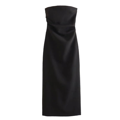 Women Fashion Summer New Sexy Split Back Zip Pleated Sleeveless Strapless Dress Chic Female French Elegant Evening
