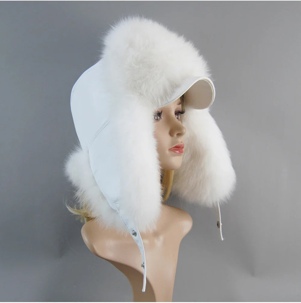 100% Real Fox Fur Hat Women's Russian Ushanka Aviator Trapper Snow Skiing Hat Caps Earflap Winter Raccoon Fur Bomber Hat