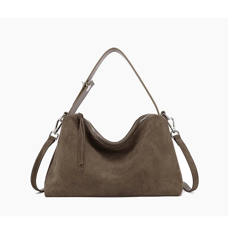 Fashion Autumn Winter Big Boston Tote Soft Matte Suede Cow Leather Women's Handbag Shoulder Crossbody Bag For Women Grey Brown
