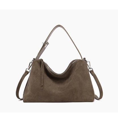Fashion Autumn Winter Big Boston Tote Soft Matte Suede Cow Leather Women's Handbag Shoulder Crossbody Bag For Women Grey Brown