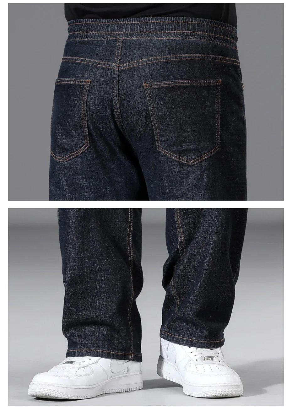 8XL Plus Size Jeans Men Solid Color Denim Pants Male Fashion Casual Baggy Jeans Elastic Waist Straight Pants