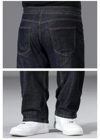 8XL Plus Size Jeans Men Solid Color Denim Pants Male Fashion Casual Baggy Jeans Elastic Waist Straight Pants