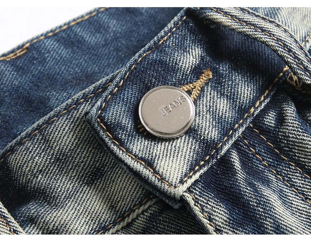 Men's Boot Cut Jeans Streetwear Patches Released Hem Pants Vintage Blue Embroidery Patchwork Flared Trousers