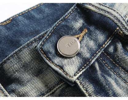 Men's Boot Cut Jeans Streetwear Patches Released Hem Pants Vintage Blue Embroidery Patchwork Flared Trousers