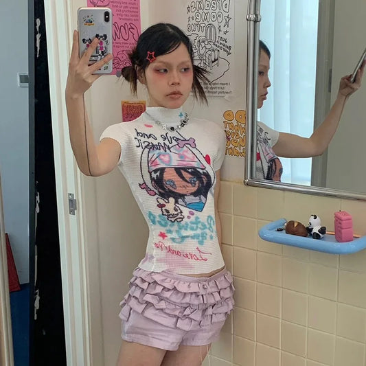 Karrram Japanese Y2k Anime Print T-shirt 2000s Aesthetics Kawaii Crop Top Vintage Harajuku Cutecore Short Sleeve T Shirts Lolita