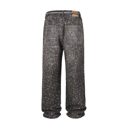 Full Rhinestone Print Washed Blue Baggy Jeans Mens and Women Ropa Hombre Streetwear Solid Casual Denim Trousers Loose Cargos